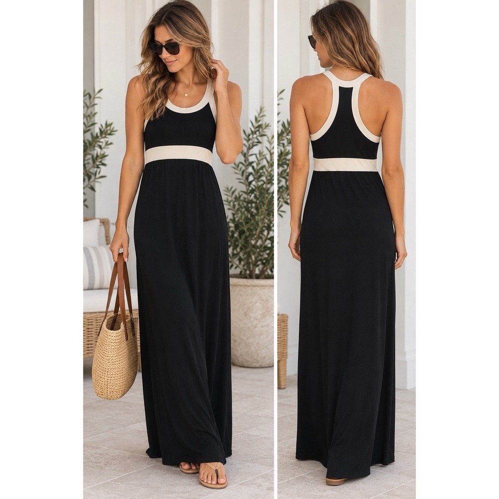 Athleta Maxi Dress XXSP Black Ivory Colorblock Racerback Petite Style 44054